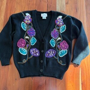Jaclyn Smith Black Vintage Cardigan with Purple and Blue Embroidery